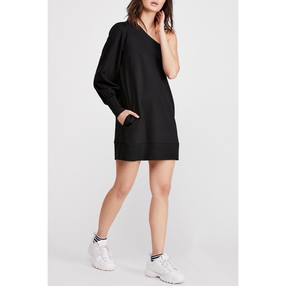 Free People Zoya One-Shoulder Black Mini Dress L‎ Puff Sleeve Pockets